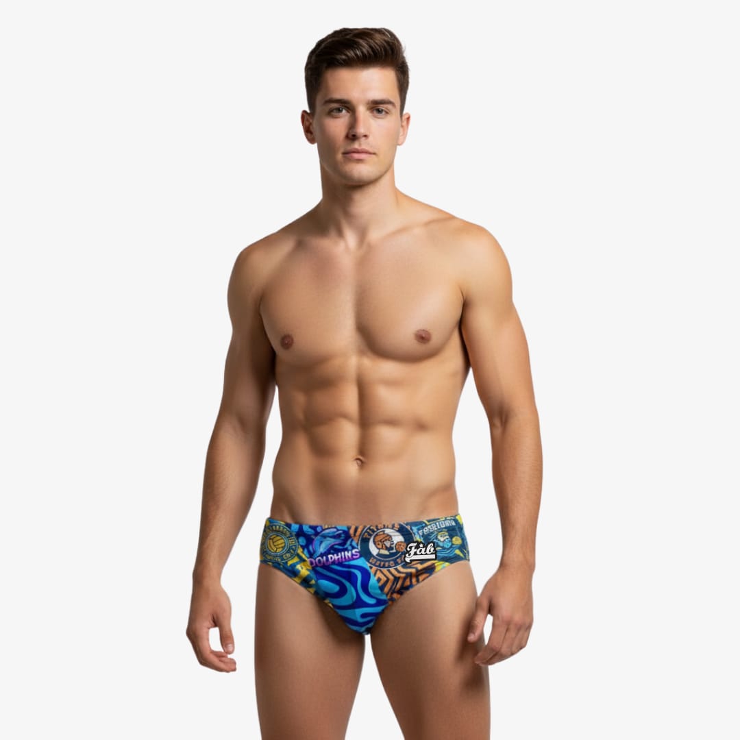 Man wearing colorful swim briefs on a white background