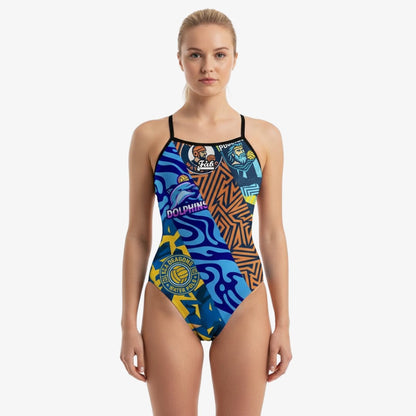 Woman wearing a colorful patterned swimsuit on a white background